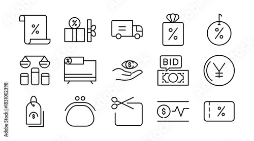 Price Line Icon Set. Price tag, discount, sale, cost, currency, billing, invoice, payment, shopping, e-commerce, money, wallet, finance, offer, promotion icon vector illustration. Pixel-perfect stroke