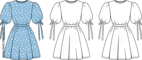 Puff sleeve floral dress sketch, fitted bodice and flared skirt detail, front and back view, cad drawing flat vector illustration