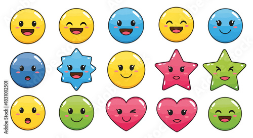 Cartoon icons featuring playful expressions, vibrant colors, and diverse forms for graphic use