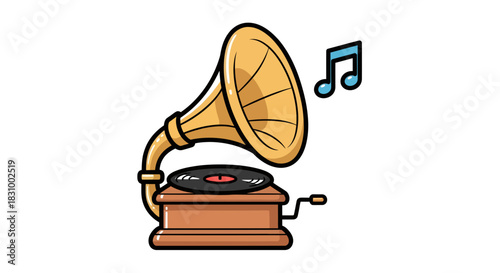 Cartoon gramophone with musical notes emitting from it creates a joyful atmosphere