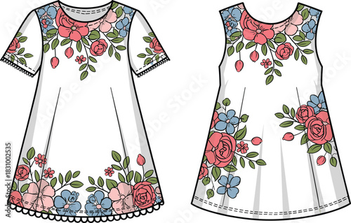 Floral dress illustration, scalloped and sleeveless styles, fashion sketch, vector template, cad drawing flat vector illustration