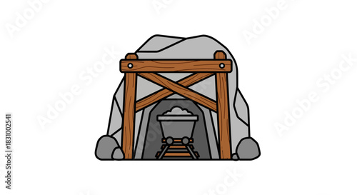 Cartoon illustration of a coal mine entrance with a cart full of coal on rails a minimalist