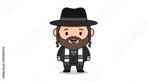 Cartoon illustration depicting a charming Jewish man in traditional attire on white backdrop
