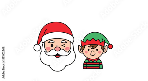 Cartoon illustration depicting Santa Claus with a playful wink and a cheerful Christmas elf design