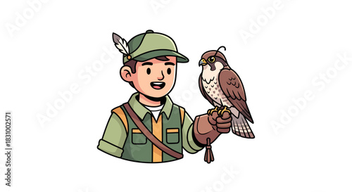 Cartoon illustration of a falconer with his hawk perched gracefully on his gloved hand