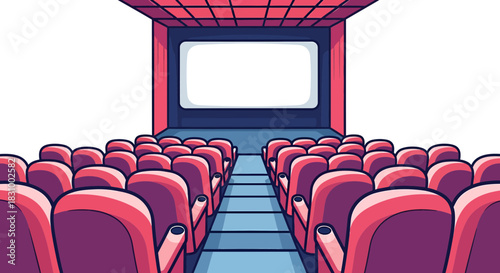 Cartoon illustration of cinema auditorium with red seats and blank screen showcase
