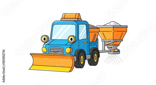 Cartoon snowplow truck with cheerful face, ready for winter road maintenance operations