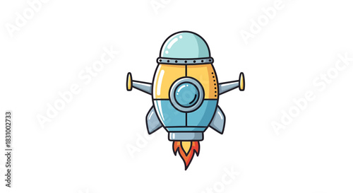 Cartoon rocket ship taking off with vibrant flames against a white background