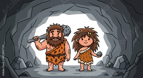 Cartoon stone age family in cave illustration with primitive tools and animal skin clothing