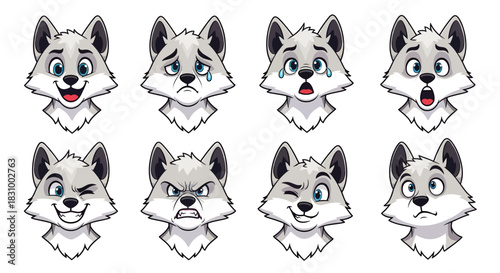 Cartoon Wolf Faces Displaying Varied Emotions Illustrating a Spectrum of Expressions