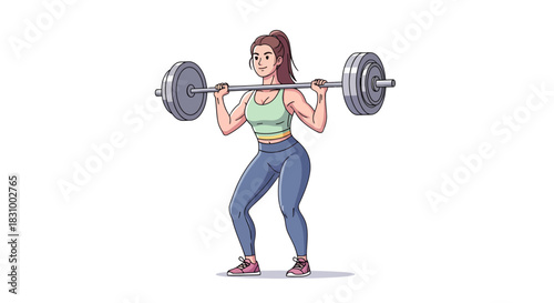 Cartoon woman executing a barbell squat, showcasing fitness strength training exercise