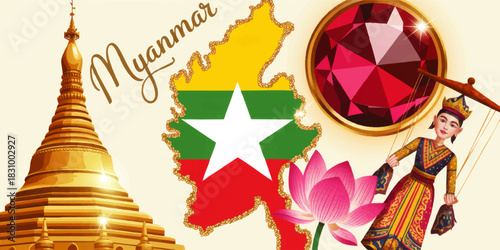 Myanmar culture illustration with golden pagoda, national flag map, lotus flower, ruby gemstone and traditional puppet art
