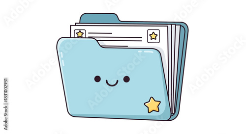 Charming blue cartoon folder filled with documents accented with sparkling golden stars