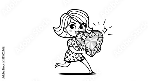 Charming cartoon girl running with a heart-shaped diamond expressing delight and affection