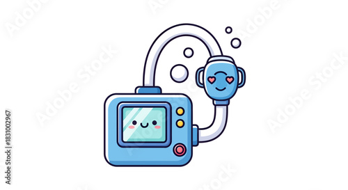Charming cartoon illustration of a heart eyes medical device with tubes on white background