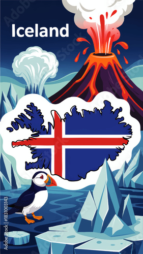 Colorful Iceland travel poster with puffin, erupting volcano, glaciers and Icelandic flag map illustration for tourism design