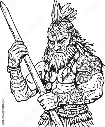 Detailed Tribal Warrior or Barbarian with Staff: Fierce Fantasy Character, Black and White Ink Style Illustration