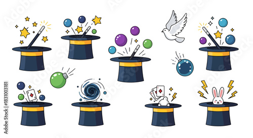 Charming collection of magician's hat with various magical objects on white background
