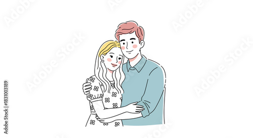 Charming couple embraced each other expressing affection and intimacy in line art style illustration