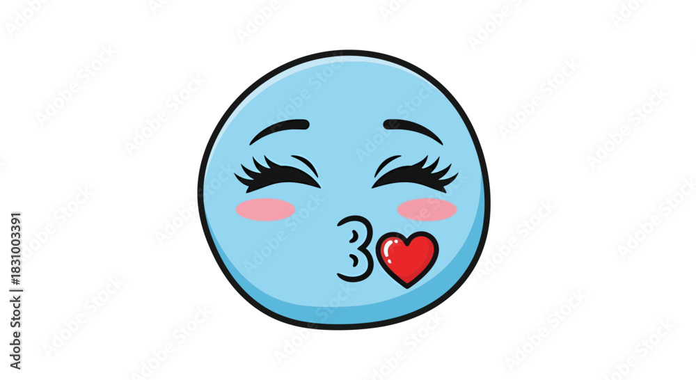 Fototapeta premium Charming pastel blue emoji character spreading love with a kiss and a heart symbol