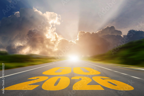 Go to the New Year 2026 concept. Go 2026 – bright sunlight over an open road symbolizing new beginnings, motivation, and a journey toward the future.