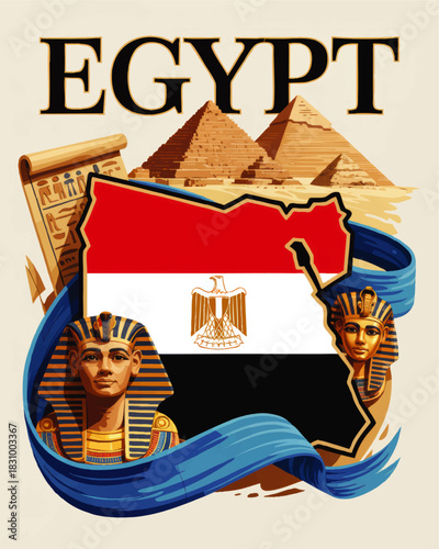 Egypt travel poster with pyramids, pharaohs, ancient papyrus and national flag in country map shape, vintage tourism illustration