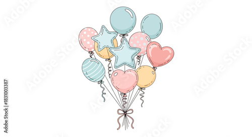 Charming pastel balloon bouquet illustration ideal for birthday greetings and festive designs