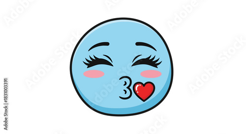 Charming pastel blue emoji character spreading love with a kiss and a heart symbol