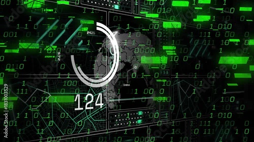 Binary surge starting globe rotating, ring filling, count climbing then falling to show data flow
