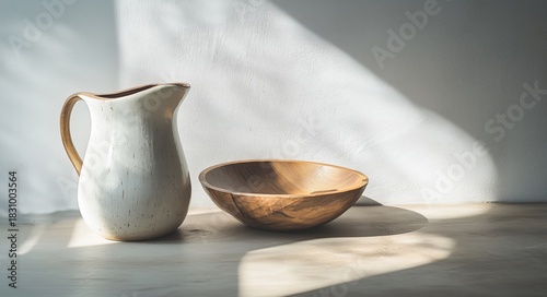 Elegant White Pitcher and Wooden Bowl on a Light Surface With Soft Shadows