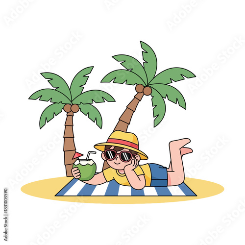 Cartoon vacationer soaking up sunshine with refreshing drink on sandy beach getaway