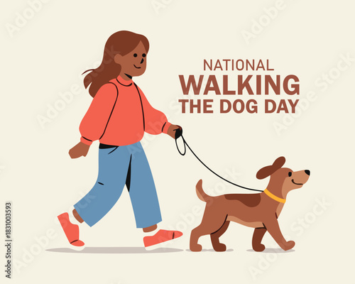 Woman Walking Her Dog - National Pet Day Flat Cartoon Vector, National Pet Day holiday design vector illustration.