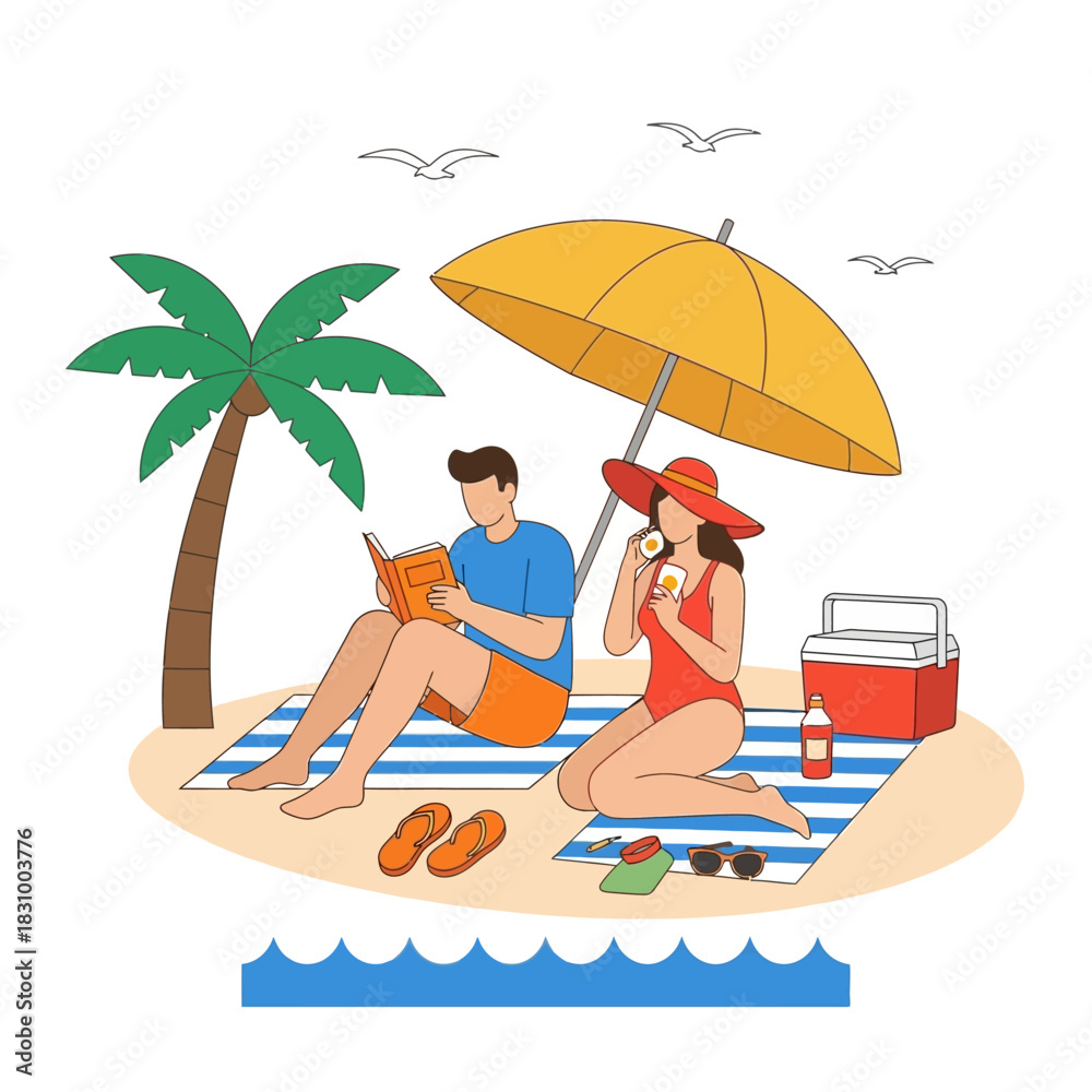 Obraz premium Coastal relaxation: a couple enjoys a tranquil beach day under the sun's embrace