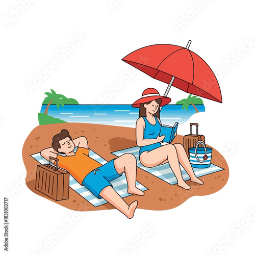 Relaxing beach vacation illustration with couple enjoying summer under umbrella