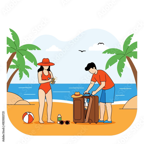 Couple prepares for beach vacation with suitcase packing under tropical palm trees setting