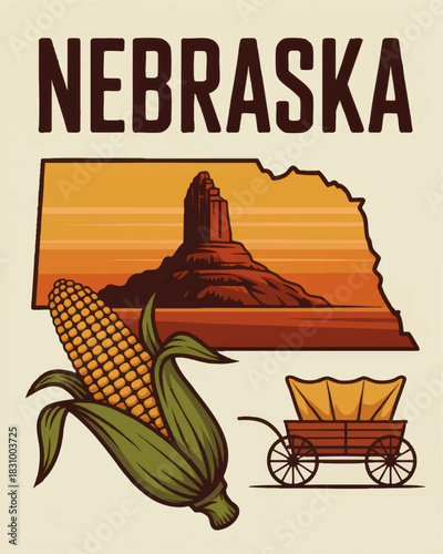 Nebraska travel poster illustration with Chimney Rock monument, corn agriculture and pioneer wagon in vintage retro tourism style