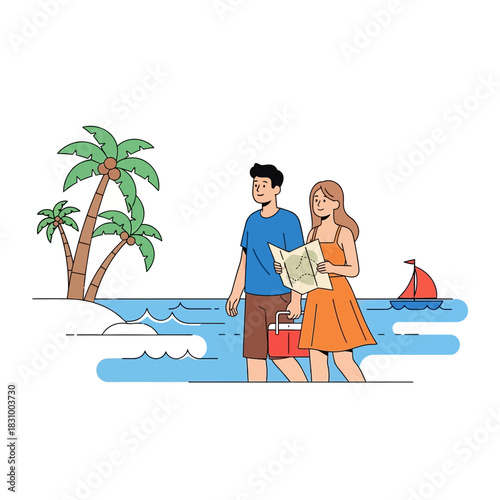 Couple enjoying leisurely beachside stroll with map and cooler under tropical palms idyllic vacation