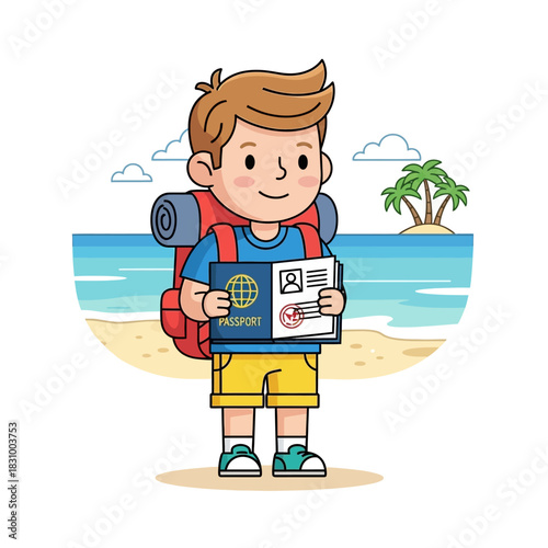 Cartoon traveler with backpack on tropical beach adventure, ready for vacation