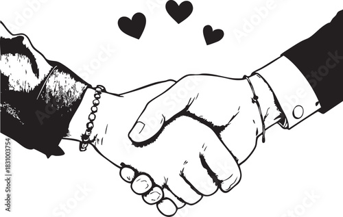 Handshake with Hearts Vector Illustration: Partnership Agreement Love Romance Relationship Graphic Art Black and White