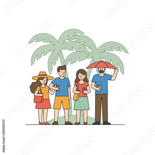 Stylized vacation illustration showcasing cheerful companions beneath breezy palm trees against a