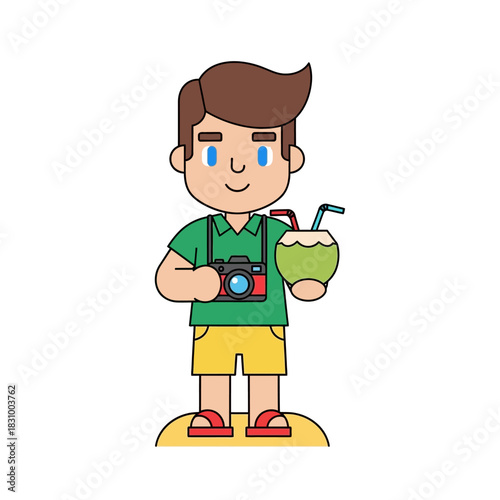 Cartoon man with camera and coconut drink enjoying summer vacation vibes in paradise