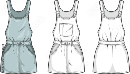 Sleeveless romper fashion sketch with belt, front and back garment template, clothing flat drawing, cad drawing flat vector illustration