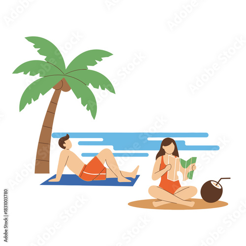 Serene tropical beach scene with leisure activities under a palm tree illustration