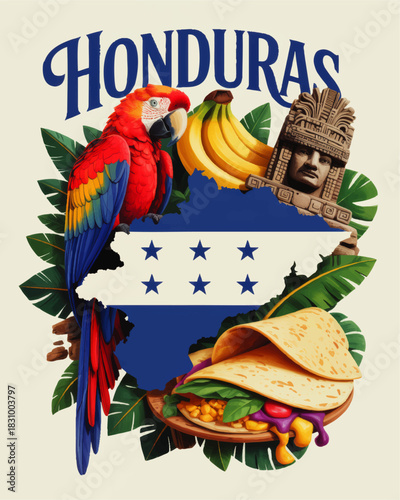 Colorful Honduras travel illustration with macaw, map flag, Mayan sculpture, tropical banana leaves and traditional Honduran food