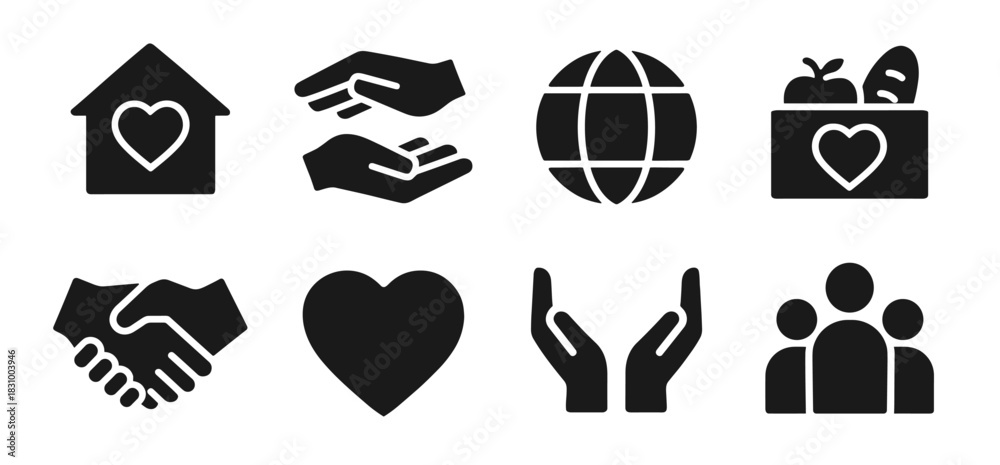 Naklejka premium Charity icon collection in black. Includes house with heart, giving hands, globe, food box, handshake, heart, raised hands and group of people
