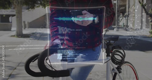 Man leaning on bike tapping phone, causing AR HUD overlays forming over torso, displaying ride data