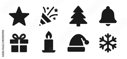 Holiday icon collection in black. Includes star, party popper, Christmas tree, bell, gift, candle, Santa hat, and snowflake. The icons are bold, festive, and simple for seasonal and celebration use
