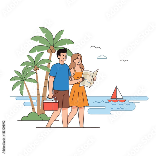 Couple enjoying a coastal vacation with palm trees and a sailboat on a sunny day outing