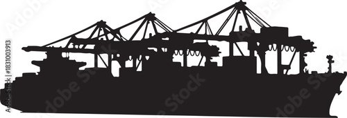 Silhouette of a large container ship with multiple loading cranes against a white background, symbolizing global trade and logistics