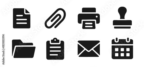 Office icon collection in black. Includes document, paperclip, printer, stamp, folder, clipboard, envelope, and calendar. The icons are bold, simple, and clear for universal office and business use